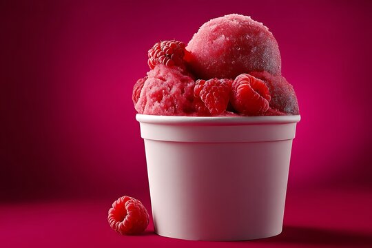 A refreshing raspberry sorbet is served in a white cup, garnished with fresh raspberries against a deep pink background. - Powered by Adobe