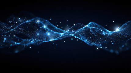 Abstract blue digital wave flows gracefully with sparkling lights on a dark background, creating a futuristic technology or science backdrop element design.
