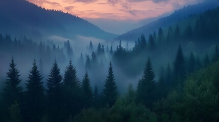 Obraz premium Serene misty mountain landscape at sunrise majestic peaks and tranquil forest scenery fog sky art