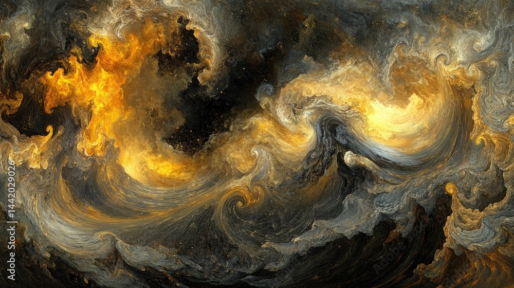 Poster abstract swirling design of dynamic, color-shifting patterns.