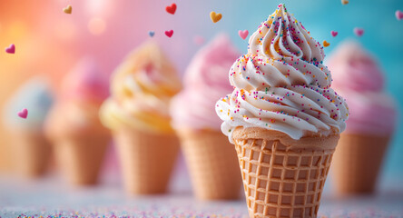 Summer's colorful ice cream!. Bright and festively decorated ice cream cones are showcased against a vibrant pastel background in a joyful setting.