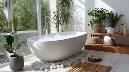 Fototapeta premium Interior of a modern bathroom with large windows and plants. White bathtub with foam. 