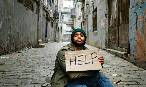A young man sitting on the street holding a card with text for help