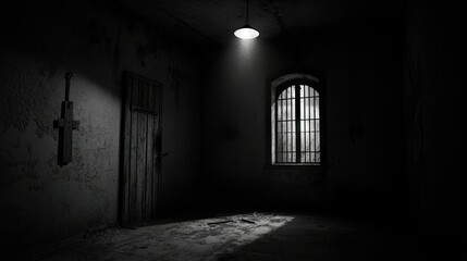 Dimly lit, abandoned interior passageway with barred window.