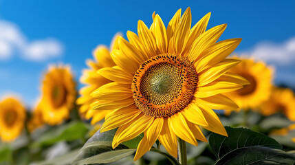 Fototapeta premium Vibrant sunflowers blooming under a clear blue sky during summer
