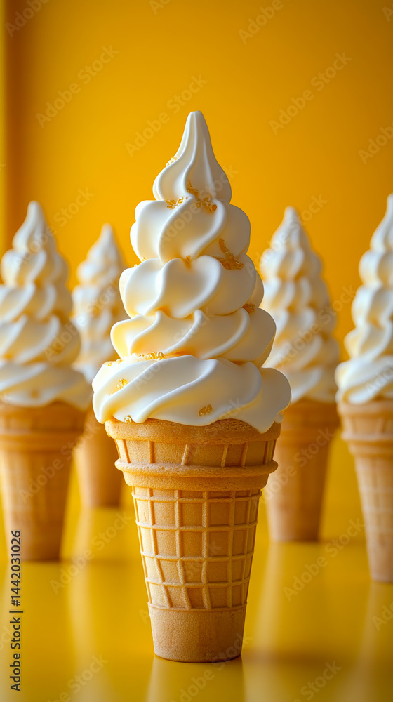Poster soft serve ice cream cones on display. multiple soft serve ice cream cones create a visually appeali