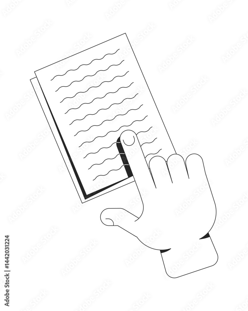 Poster interactive reading gesture outline illustration. user engagement with written content. hand finger 