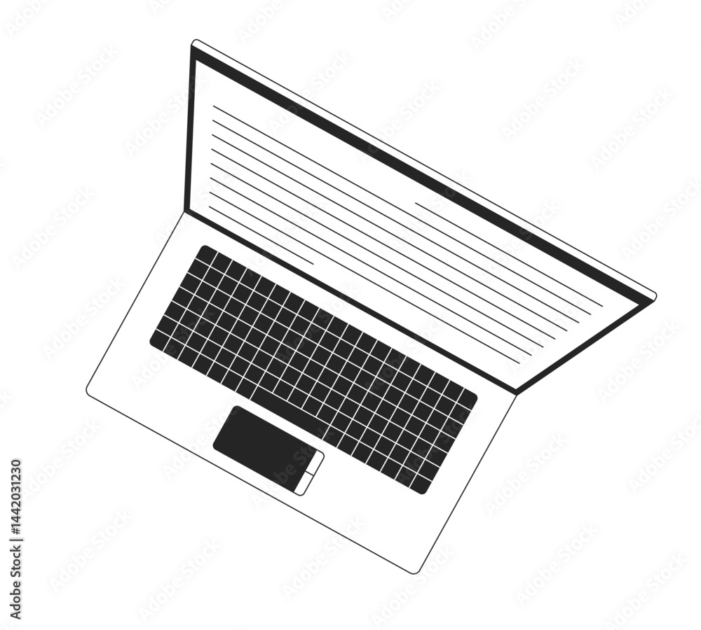Poster modern angled laptop with screen filled with lines of data 2d line object. overhead top view noteboo