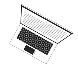 Modern angled laptop with screen filled with lines of data 2D line object. Overhead top view notebook display with keyboard isolated clipart vector ink outline item. Monochrome spot illustration