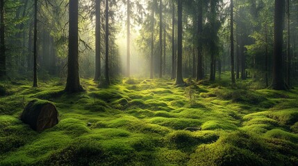 Serene sunlight illuminates lush green mossy forest floor calm wild view trees image flora woods