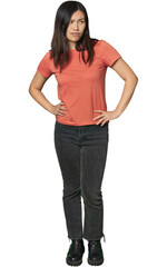 Obraz premium Full-body young Chinese woman confused, feels doubtful and unsure.