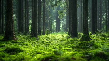 Fototapeta premium Serene green forest path lush moss covered trees sunlight calm dark image fresh woods nature leaves