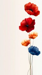 Hand drawn minimalistic poppy icons in various shades of red, orange, and blue showcasing creativity and artistic expression in floral design and illustration