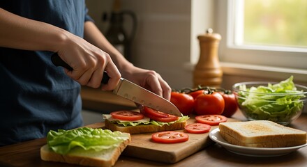 Person Preparing a Delicious Tomato and Lettuce Sandwich