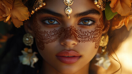 Close-up portrait of a woman with intricate lace face mask, elaborate golden jewelry, floral accessories, warm lighting highlighting her expressive eyes and smooth skin