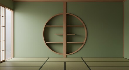 Empty room, Circle shelf wall design, green empty room japanese deisgn, tatami mat floor.