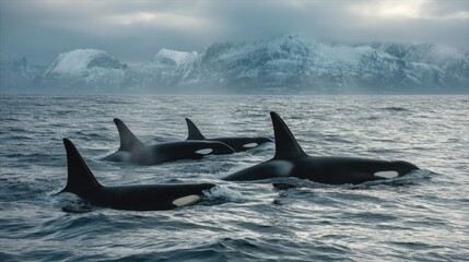 Fototapeta premium Orca Pod in the Arctic Waters: Majestic Marine Life