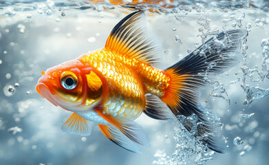 Goldfish swimming in clear water bubbles. A goldfish swims gracefully in clear water, displaying its vibrant orange and white colors among bubbles.