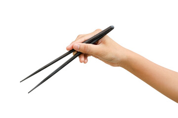 Black chopsticks hand on white background