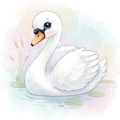 Watercolor illustration of a cute white swan