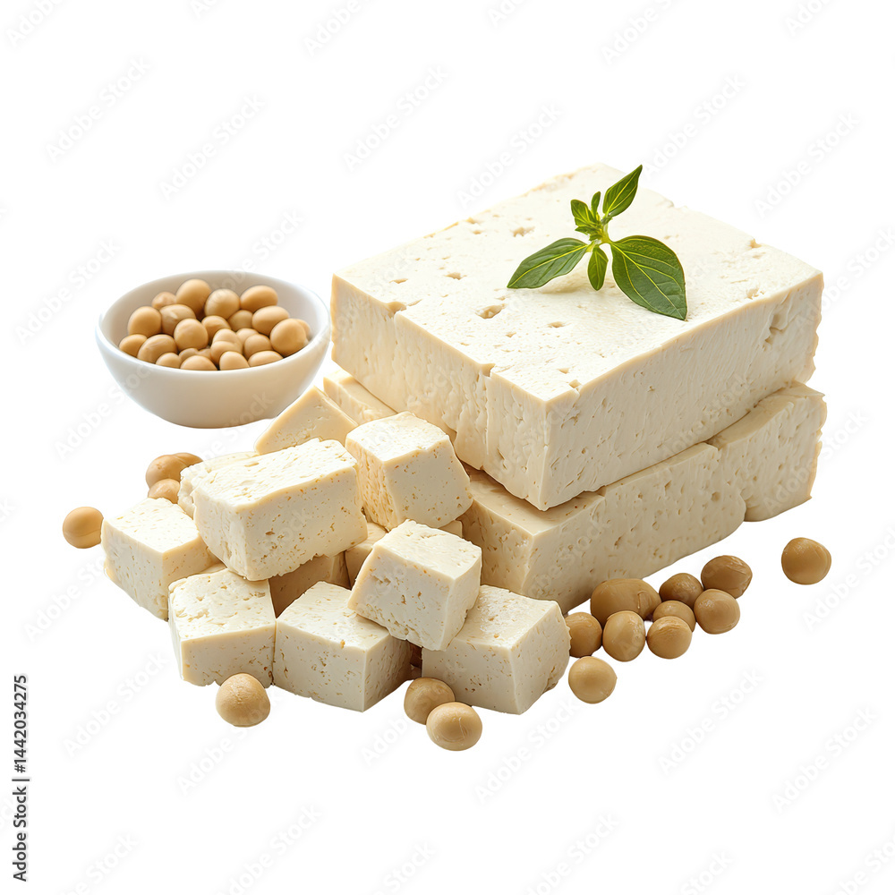 Poster tofu blocks and soybeans arranged on a transparent background for culinary use and food preparation,