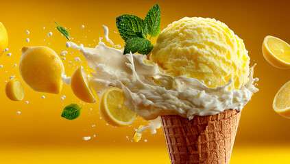 Delicious lemon ice cream in a cone. A creamy scoop of lemon ice cream sits atop a waffle cone, surrounded by splashes of cream and fresh lemon slices.