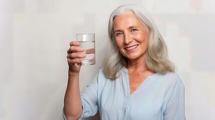 A happy senior woman with grey hair smiles as she holds a glass of water, embodying health and vitality in her golden years.

