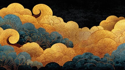 Abstract golden cloud pattern on black background in Japanese traditional painting style with gold and dark gray tones