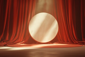 Dramatic Theater Stage With Red Velvet Curtains and a Circular Platform Illuminated by Soft Lighting