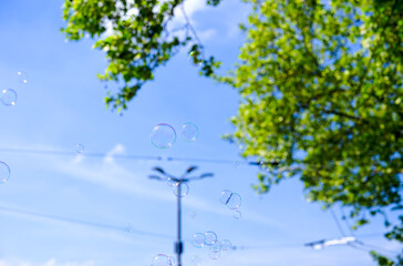 Soap bubbles in the air at Swiss City of Zürich at town square named Bellevue on a sunny spring...