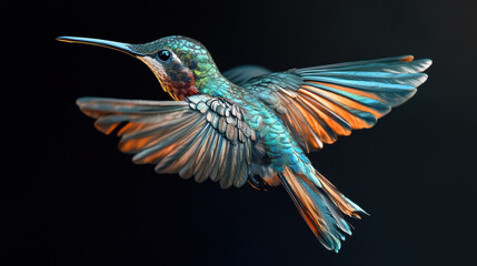 Obraz premium Magnificent detailed image of a colorful hummingbird in mid-flight showcasing vibrant feathers and extended beak against a dark background