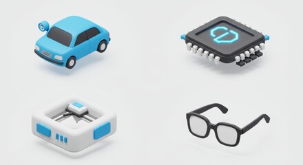 Isometric Tech Icons: Car, Microchip, 3D Printer, Eyeglasses, White Background.