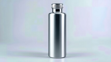 This shiny silver flask stands against a white background, ideal for a mockup of a fitness drink container or sports tumbler.

