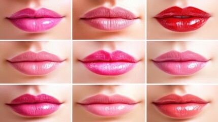 Close-up of eight lip varieties featuring different shades and finishes from glossy to matte, Ideal for beauty advertisements, makeup tutorials, or cosmetic product promotions,