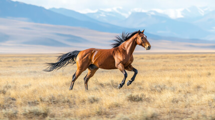 Elegant brown horse galloping freely across vast open grassland under clear blue sky with distant mountains in background du daytime