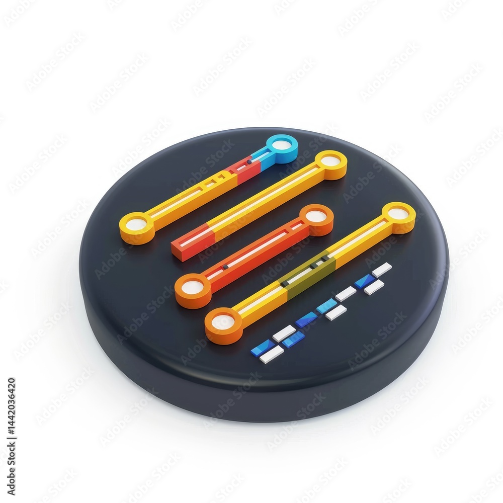 Aufkleber multi-colored, interconnected progress bars displayed on a dark circle.