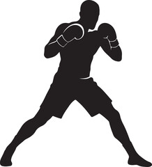 boxing silhouette in defensive stance, bold graphic of athlete preparing for combat and physical challenge