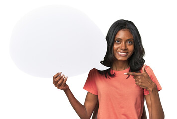 Indian woman with dialogue bubble person pointing by hand to a shirt copy space, proud and confident