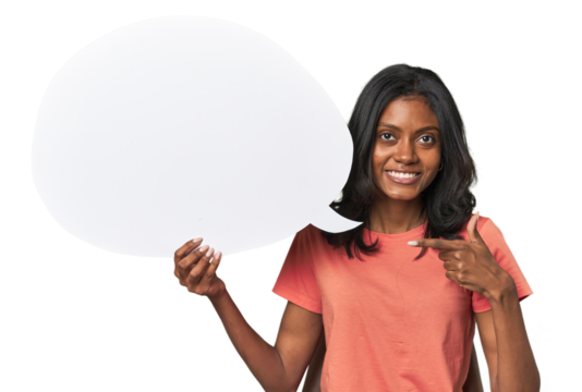 Indian woman with dialogue bubble person pointing by hand to a shirt copy space, proud and confident