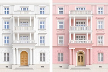 Naklejka premium Contrasting Architectural Styles in a City Featuring an Old Building on the Left and a Modern Pastel Design on the Right
