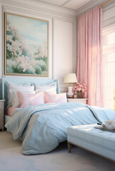 A cozy bedroom featuring a bed, decorative elements, white furniture, a vase with flowers, and a big window, suggesting a peaceful ambiance.