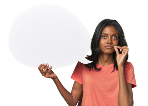 Indian woman with dialogue bubble with fingers on lips keeping a secret.