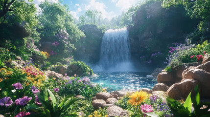 Vibrant lush garden with colorful flowers surrounding a cascading waterfall flowing into a serene pond amidst green foliage and bright sunlight lighting up the landscape