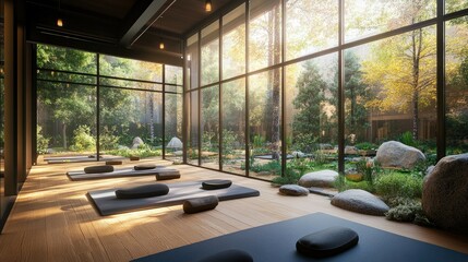 Fototapeta premium Serene Yoga Studio with Breathtaking Garden View