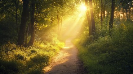 Obraz premium Sunlit path through lush green summer forest trees sunlight nature day walk calm beams trail woods