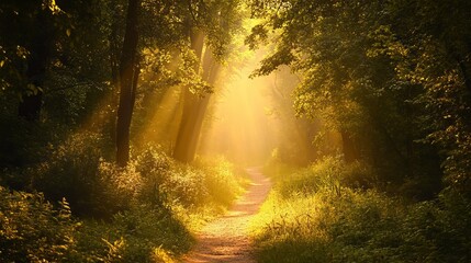 Obraz premium Golden sunlight path through lush green summer forest trees way rays calm view park walk woods trail