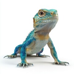 Obraz premium Vibrant blue and yellow lizard stares intently.