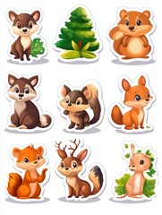Playful cartoon animals and a tree design create a cheerful scene, perfect for kids' illustrations, educational materials, or digital stickers in nature-themed projects,
