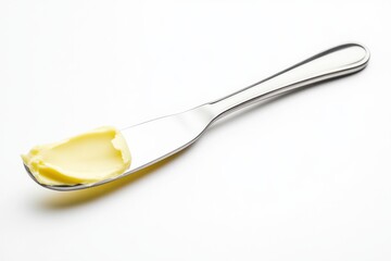 Creamy butter spread on a silver butter knife isolated on white background perfect for culinary