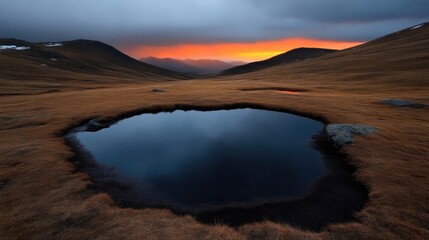 Naklejka premium Mountain sunset reflecting in a tranquil pool. A serene landscape at dusk with a dark pool reflecting the fiery sunset hues above the peaks